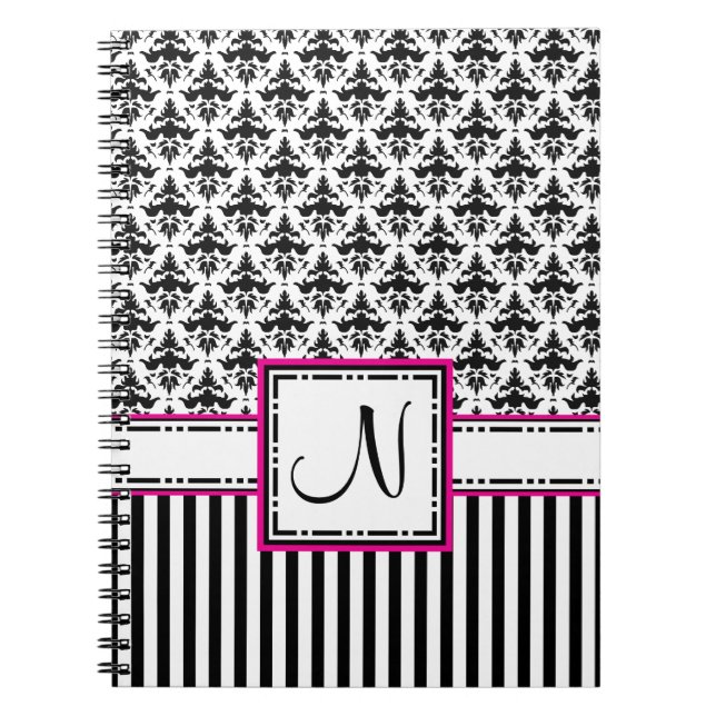 Letter N Black and Hot Pink Monogram Damask Notebook (Front)
