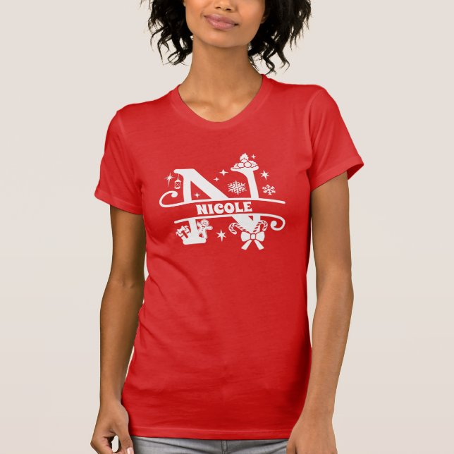 Letter N Christmas Monogram Initial Name Red  T-Shirt (Front)