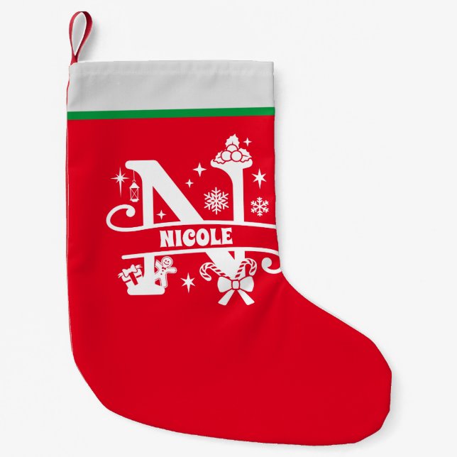 Letter N Christmas Monogram Initial Name Red White Small Christmas Stocking (Front)
