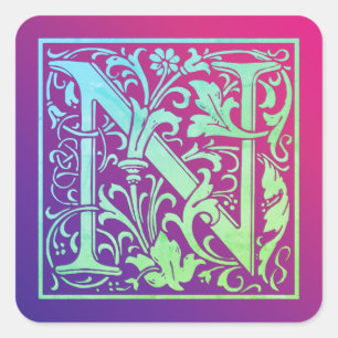 Letter N Colorful Vintage First Letter Gradient Square Sticker