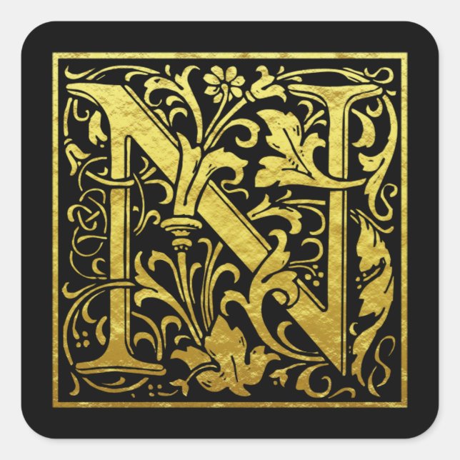 Letter N First Letter Faux Gold black Square Sticker (Front)