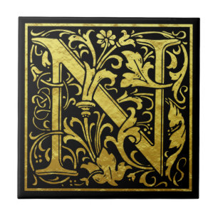 Letter N First Letter Faux Gold Black Tile