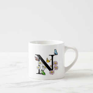 Letter N Floral Butterfly Monogram Initial    Espresso Cup