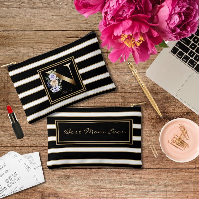 Letter N Floral Monogram Black White Gold Stripes Accessory Pouch (Creator Uploaded)