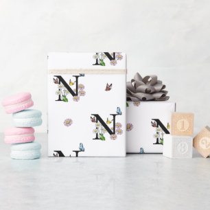 Letter N Floral Watercolor Butterfly Monogram   Wrapping Paper