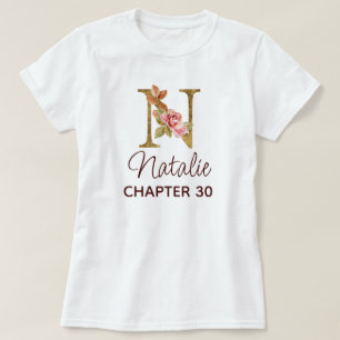 Letter N Gold Monogram Blush Pink Roses Birthday T-Shirt
