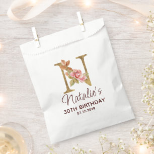 Letter N Gold Monogram Blush Pink Roses Favour Bag