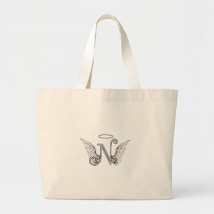 Letter N Initial Monogram with Angel Wings & Halo Large Tote Bag