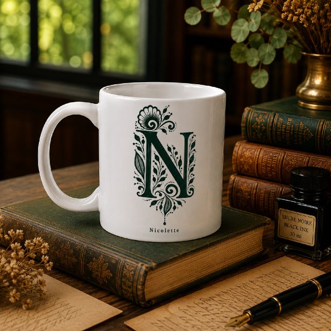 Letter N Linocut Botanical Personalized Mug (Creator Uploaded)