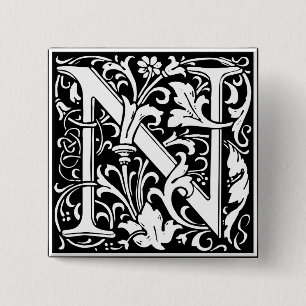Letter N Medieval Monogram Art Nouveau 2 Inch Square Button
