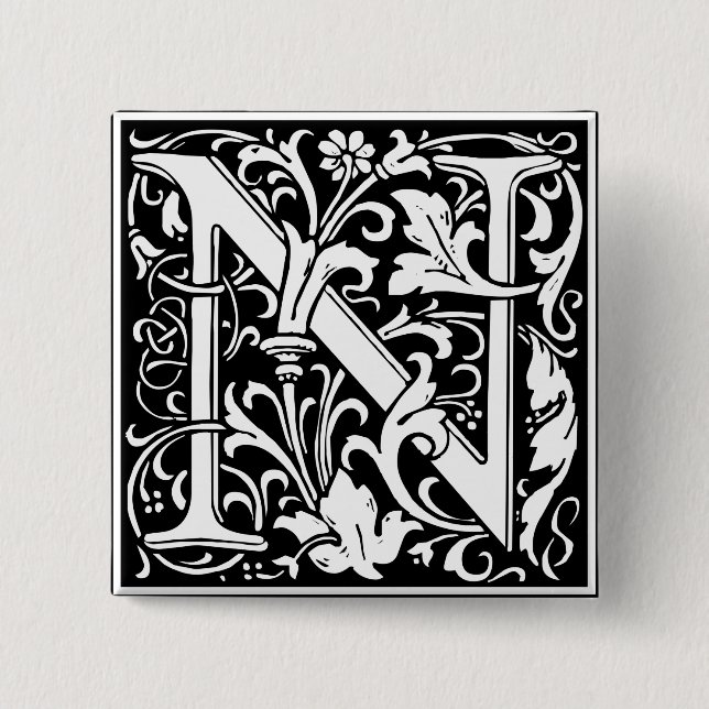 Letter N Medieval Monogram Art Nouveau 2 Inch Square Button (Front)