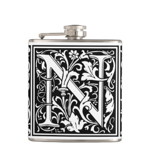 Letter N Medieval Monogram Art Nouveau Hip Flask
