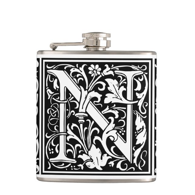 Letter N Medieval Monogram Art Nouveau Hip Flask (Front)