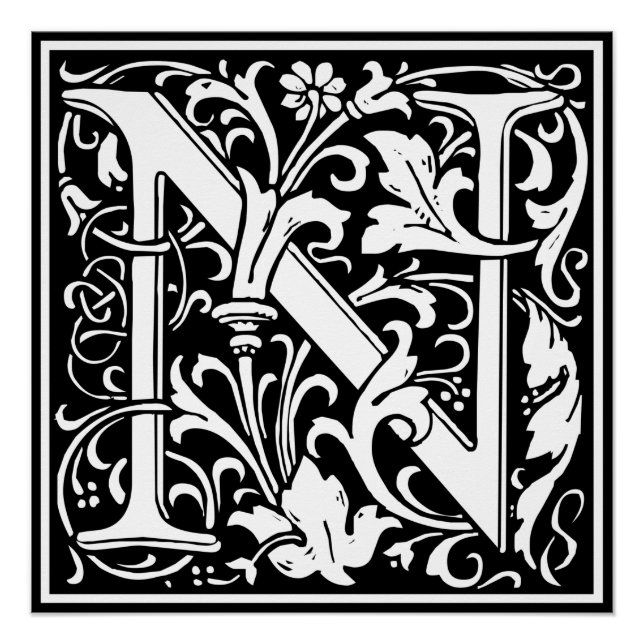 Letter N Medieval Monogram Art Nouveau Poster (Front)