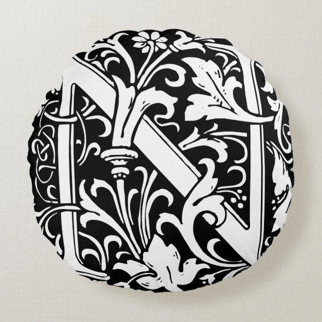 Letter N Medieval Monogram Art Nouveau Round Pillow (Front)