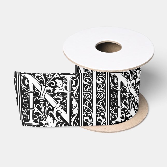 Letter N Medieval Monogram Art Nouveau Satin Ribbon (Spool)