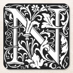 Letter N Medieval Monogram Art Nouveau Square Paper Coaster