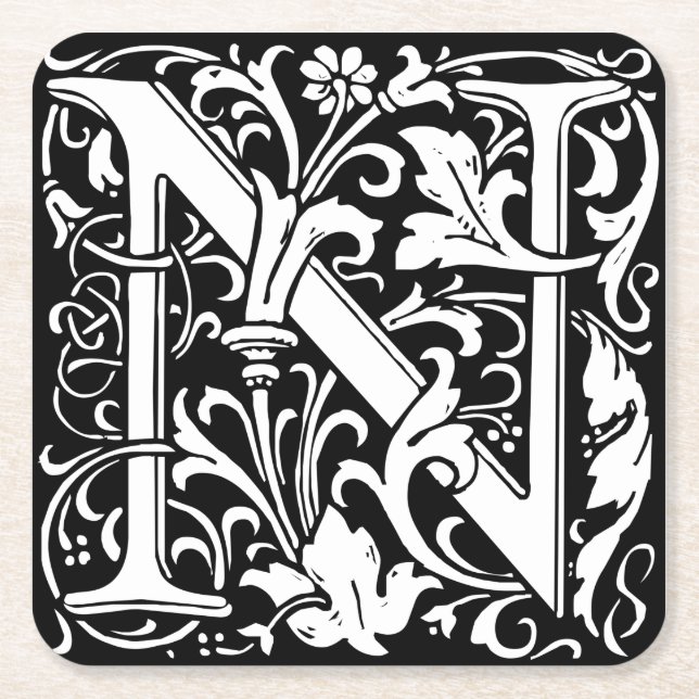 Letter N Medieval Monogram Art Nouveau Square Paper Coaster (Front)