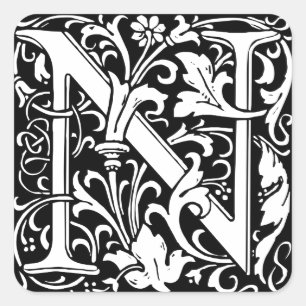 Letter N Medieval Monogram Art Nouveau Square Sticker