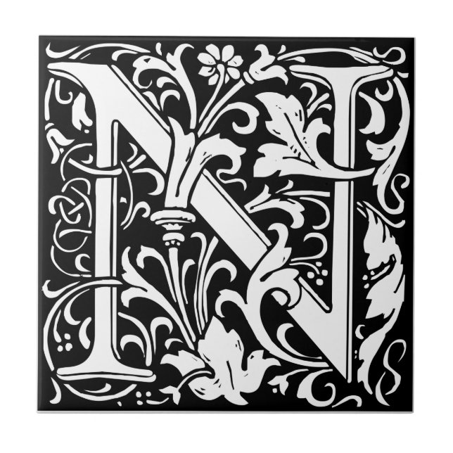 Letter N Medieval Monogram Art Nouveau Tile (Front)