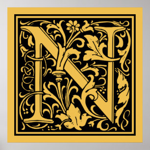 Letter N Medieval Monogram Vintage Initial Poster