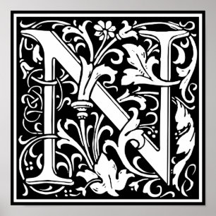 Letter N Medieval Monogram Vintage Initial Poster