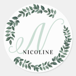 Letter N Monogram Custom Name Minimalist Botanical Classic Round Sticker