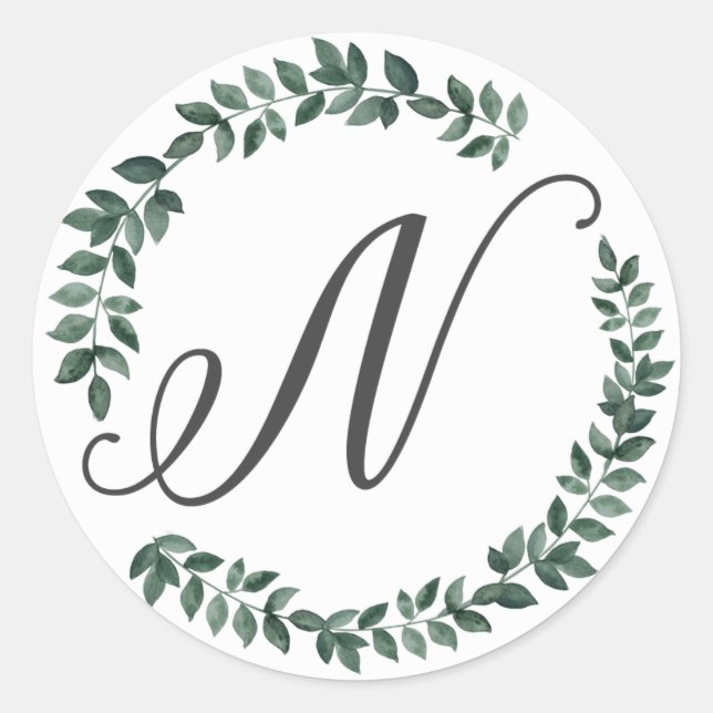 Letter N Monogram Minimalist Botanical Leaf Wreath Classic Round Sticker (Front)