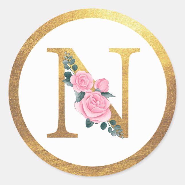 Letter N Monogram Pink Roses Floral & Elegant Gold Classic Round Sticker (Front)