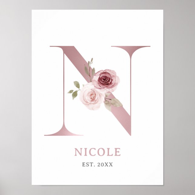 Letter N Monogram Watercolor Rose Florals Nursery  Poster (Front)