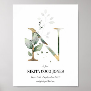 Letter N New Baby Monogram Birth Print Greenery