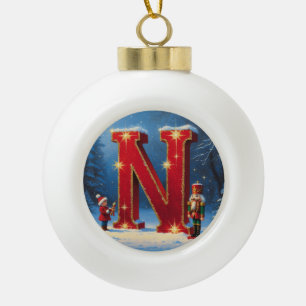 Letter N Nutcracker Personalized Monogram Holiday  Ceramic Ball Christmas Ornament