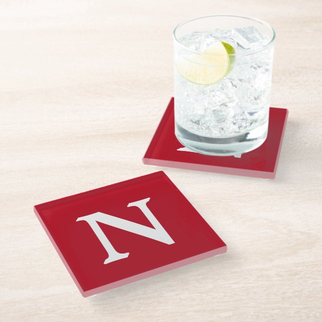 Letter N on Red Glass Coaster (Angled)