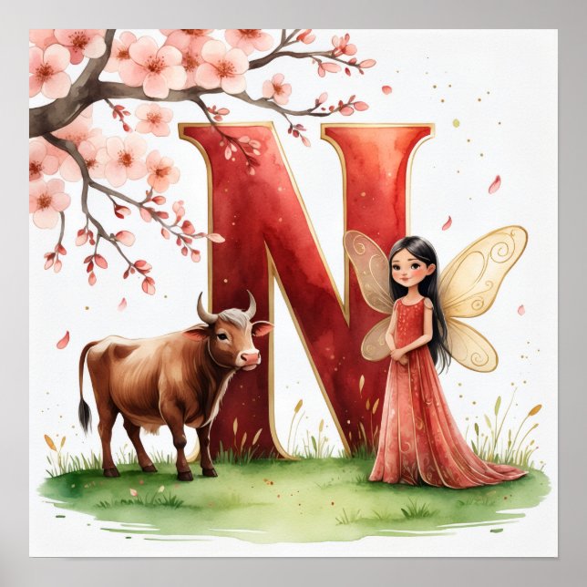 Letter N Ox Fairy Poster - Cherry Blossom Art (Devant)