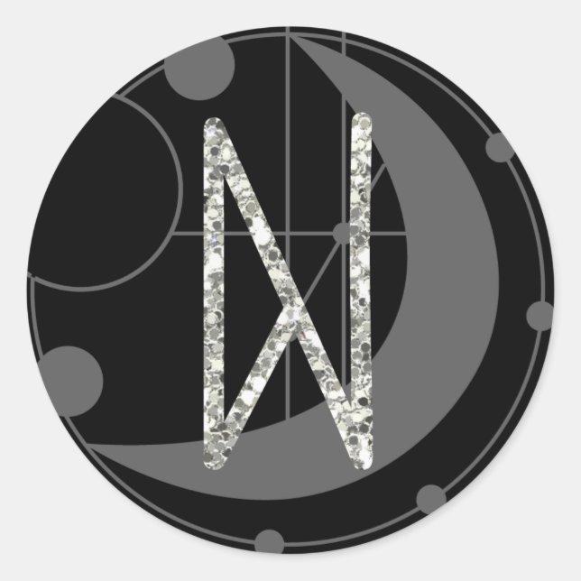 Letter N Rune Runic Monogram Geometric Moon Black Classic Round Sticker (Front)