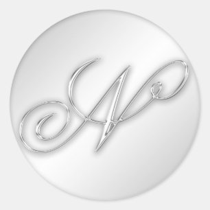 Letter N script initial faux silver monogram favou Classic Round Sticker