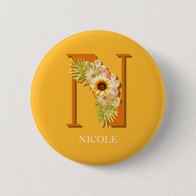 Letter N Sunflower Floral Monogram with Name 2 Inch Round Button (Front)