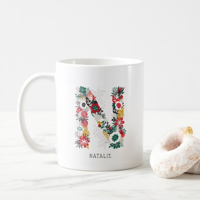 Letter N | Whimsical Floral Letter Monogram I Mug (With Donut)