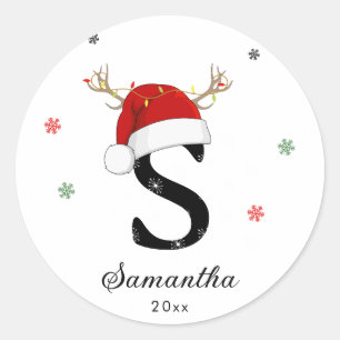 Letter Name Santa Hat   Monogram   Custom Initial Classic Round Sticker