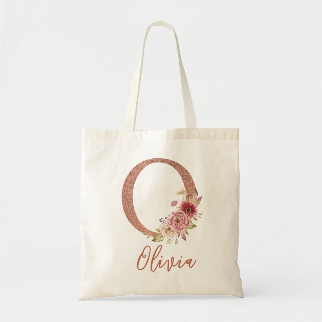 Letter O Blush pink Glitter Floral Monogram  Tote Bag (Front)