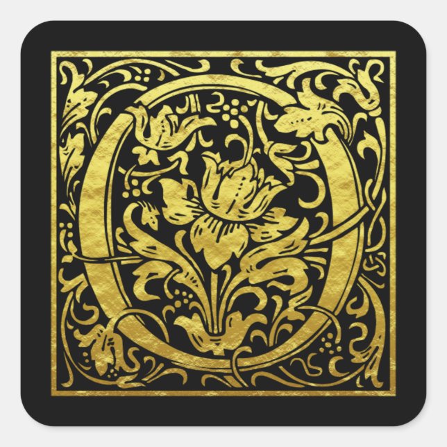 Letter O First Letter Faux Gold black Square Sticker (Front)