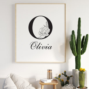 Letter O Floral Modern Black Monogram Nursery Poster