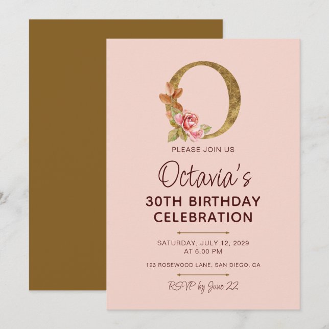 Letter O Gold Monogram Blush Pink Roses Invitation (Front/Back)