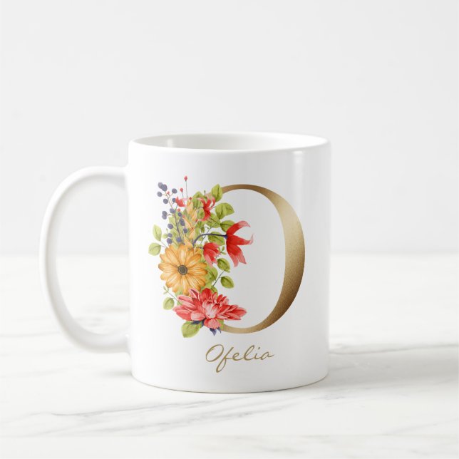 Letter O Gold Monogram Yellow Red Purple Floral Coffee Mug (Left)