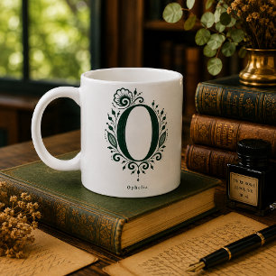 Letter O Linocut Botanical Personalized Mug
