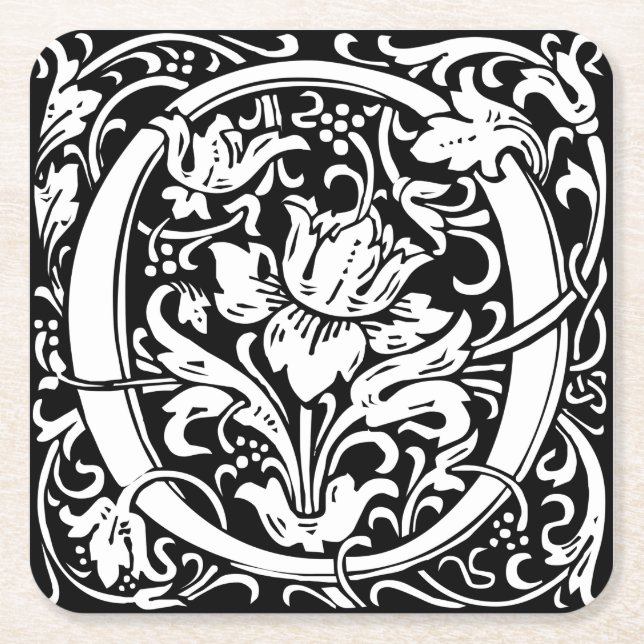 Letter O Medieval Monogram Art Nouveau Square Paper Coaster (Front)
