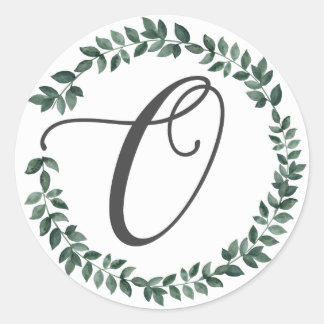 Letter O Monogram Minimalist Botanical Leaf Wreath Classic Round Sticker