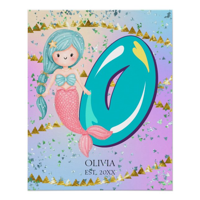Letter O Monogram Watercolor Cute Mermaid Nursery Poster (Front)