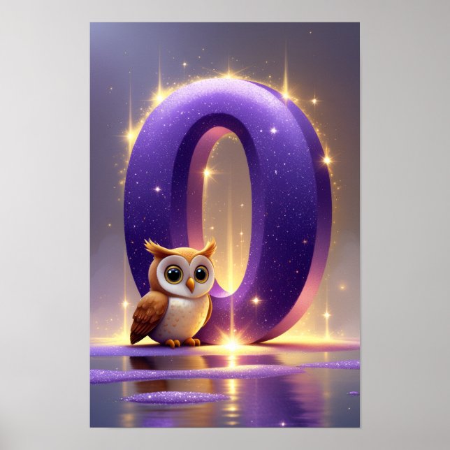 Letter O with Owl Poster Glitter Purple Alphabet (Devant)
