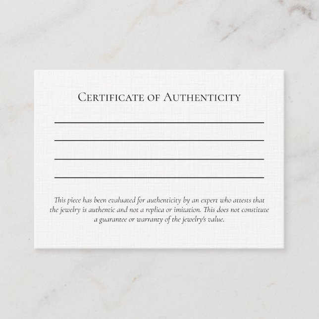 Letter of Authenticity Template for Jewellery  Business Card (Front)
